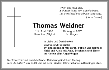 Traueranzeige von Thomas Weidner von Allgäuer Zeitung,Kempten