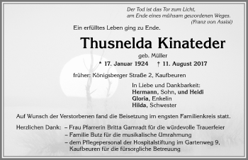 Traueranzeige von Thusnelda Kinateder von Allgäuer Zeitung, Kaufbeuren/Buchloe