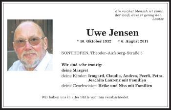 Traueranzeige von Uwe Jensen von Allgäuer Anzeigeblatt