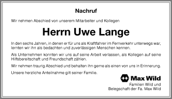 Traueranzeige von Uwe Lange von Memminger Zeitung