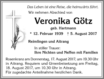 Traueranzeige von Veronika Götz von Allgäuer Zeitung, Marktoberdorf