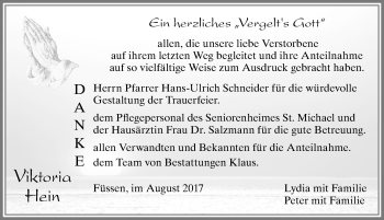 Traueranzeige von Viktoria Hein von Allgäuer Zeitung, Füssen