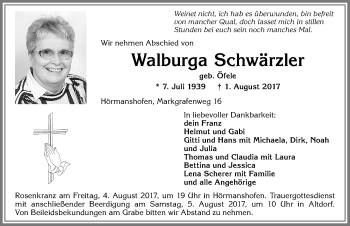 Traueranzeige von Walburga Schwärzler von Allgäuer Zeitung, Marktoberdorf