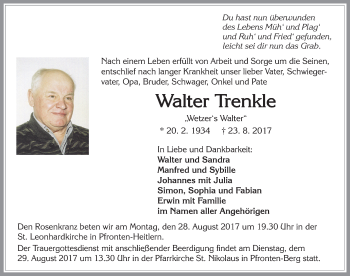 Traueranzeige von Walter Trenkle von Allgäuer Zeitung, Füssen