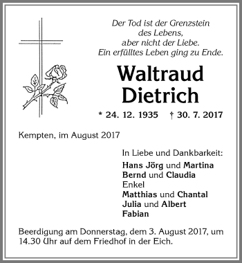 Traueranzeige von Waltraud Dietrich von Allgäuer Zeitung,Kempten