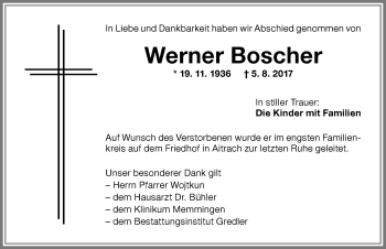 Traueranzeige von Werner Boscher von Memminger Zeitung