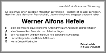 Traueranzeige von Werner Alfons Hefele von Memminger Zeitung