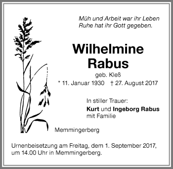 Traueranzeige von Wilhelmine Rabus von Memminger Zeitung