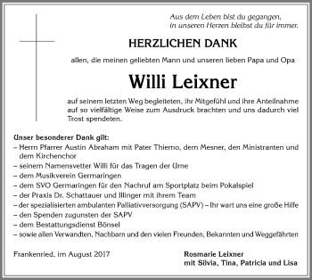 Traueranzeige von Willi Leixner von Allgäuer Zeitung, Kaufbeuren/Buchloe