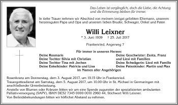 Traueranzeige von Willi Leixner von Allgäuer Zeitung, Kaufbeuren/Buchloe