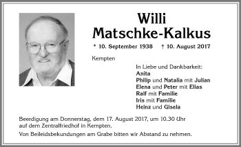 Traueranzeige von Willi Matschke-Kalkus von Allgäuer Zeitung,Kempten