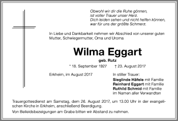 Traueranzeige von Wilma Eggart von Memminger Zeitung