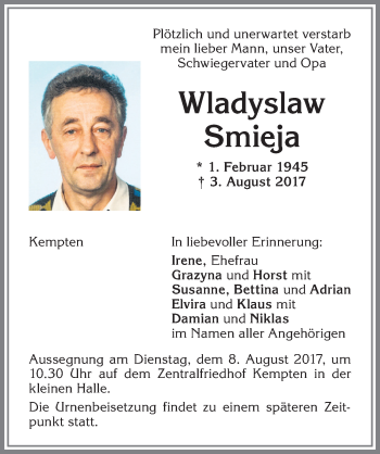 Traueranzeige von Wladyslaw Smieja von Allgäuer Zeitung,Kempten