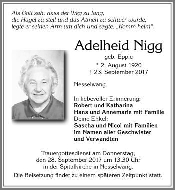 Traueranzeige von Adelheid Nigg von Allgäuer Zeitung, Füssen