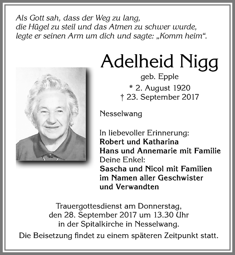  Traueranzeige für Adelheid Nigg vom 26.09.2017 aus Allgäuer Zeitung, Füssen