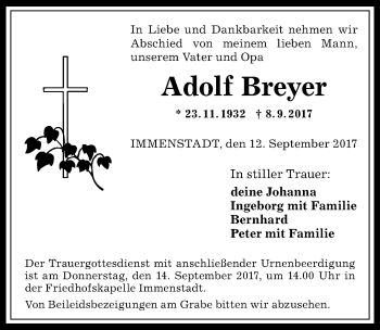 Traueranzeige von Adolf Breyer von Allgäuer Anzeigeblatt