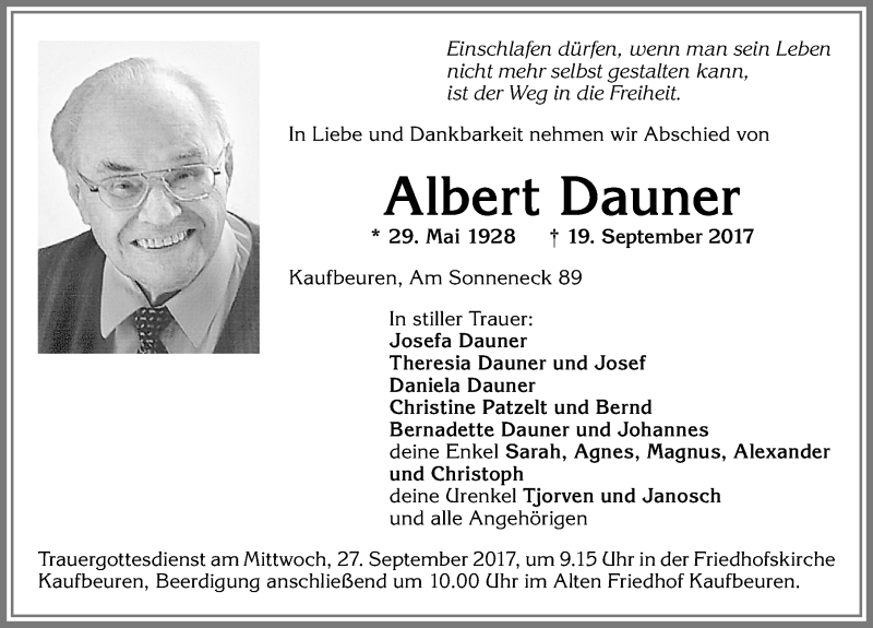  Traueranzeige für Albert Dauner vom 23.09.2017 aus Allgäuer Zeitung, Kaufbeuren/Buchloe