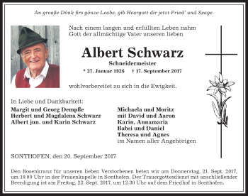 Traueranzeige von Albert Schwarz von Allgäuer Anzeigeblatt