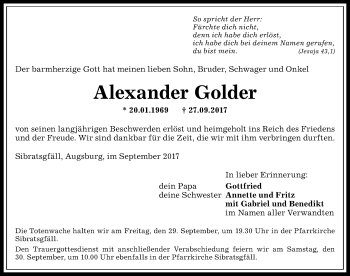 Traueranzeige von Alexander Golder von Allgäuer Anzeigeblatt