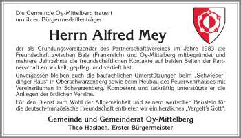 Traueranzeige von Alfred Mey von Allgäuer Zeitung,Kempten