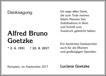 Traueranzeige von Alfred Bruno Goetzke von Allgäuer Zeitung,Kempten