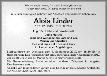Traueranzeige von Alois Linder von Memminger Zeitung