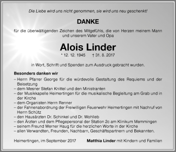 Traueranzeige von Alois Linder von Memminger Zeitung