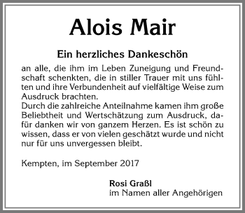Traueranzeige von Alois Mair von Allgäuer Zeitung,Kempten