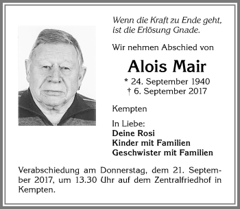 Traueranzeige von Alois Mair von Allgäuer Zeitung,Kempten