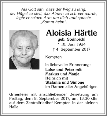 Traueranzeige von Aloisia Härtle von Allgäuer Zeitung,Kempten