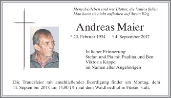 Traueranzeige von Andreas Maier von Allgäuer Zeitung, Füssen