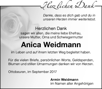 Traueranzeige von Anica Weidmann von Memminger Zeitung