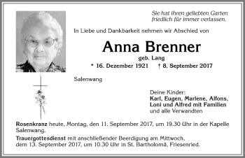 Traueranzeige von Anna Brenner von Allgäuer Zeitung, Marktoberdorf