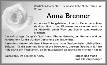 Traueranzeige von Anna Brenner von Allgäuer Zeitung, Marktoberdorf