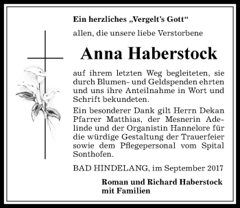 Traueranzeige von Anna Haberstock von Allgäuer Anzeigeblatt