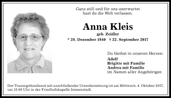 Traueranzeige von Anna Kleis von Allgäuer Anzeigeblatt