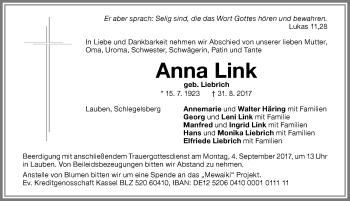 Traueranzeige von Anna Link von Memminger Zeitung