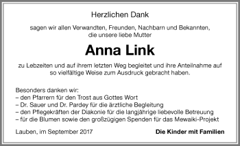 Traueranzeige von Anna Link von Memminger Zeitung