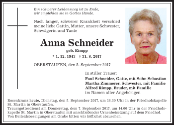 Traueranzeige von Anna Schneider von Allgäuer Zeitung