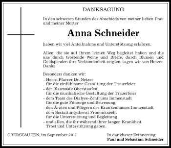 Traueranzeige von Anna Schneider von Allgäuer Zeitung