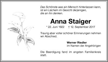 Traueranzeige von Anna Staiger von Memminger Zeitung