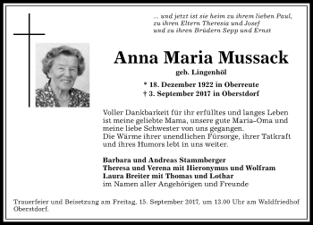 Traueranzeige von Anna Maria Mussack von Allgäuer Zeitung