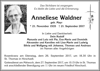 Traueranzeige von Anneliese Waldner von Allgäuer Zeitung