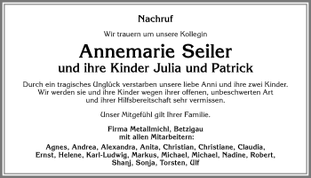 Traueranzeige von Anni, Julia und Patrick Seiler von Allgäuer Zeitung,Kempten