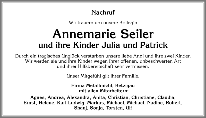  Traueranzeige für Anni, Julia und Patrick Seiler vom 02.09.2017 aus Allgäuer Zeitung,Kempten