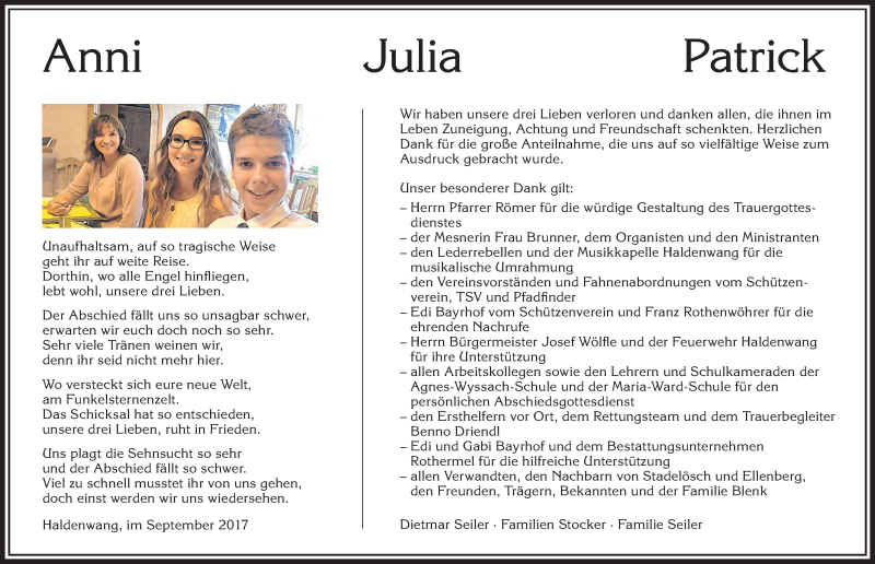  Traueranzeige für Anni, Julia und Patrick Seiler vom 16.09.2017 aus Allgäuer Zeitung,Kempten