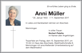 Traueranzeige von Anni Müller von Memminger Zeitung