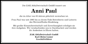 Traueranzeige von Anni Paul von Allgäuer Anzeigeblatt