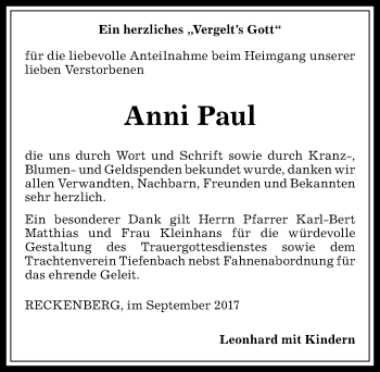 Traueranzeige von Anni Paul von Allgäuer Anzeigeblatt