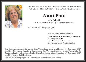 Traueranzeige von Anni Paul von Allgäuer Anzeigeblatt